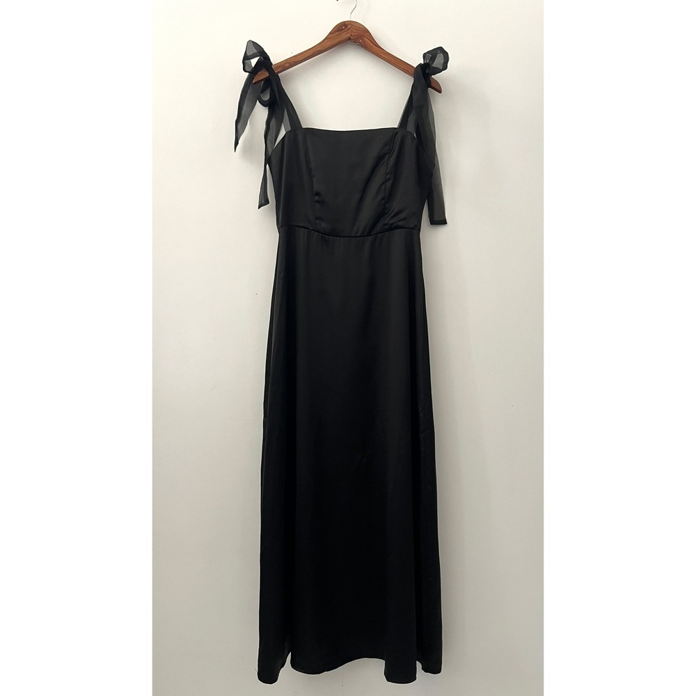 RIHOAS Black Satin Tie Shoulder Maxi Dress Square Neck Smocked Back Size S NWT